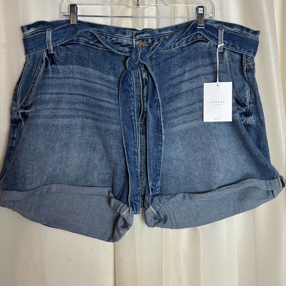 KanCan High Rise Tie Belt Cuffed Denim Jean Shorts